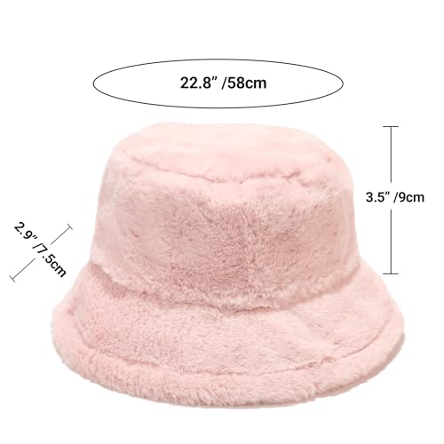 Umeepar Winter Faux Fur Fuzzy Bucket Hat Fluffy Warm Hat for Women Men - color: Plain Light Pink