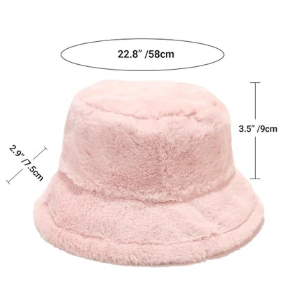 Umeepar Winter Faux Fur Fuzzy Bucket Hat Fluffy Warm Hat for Women Men - color: Plain Light Pink