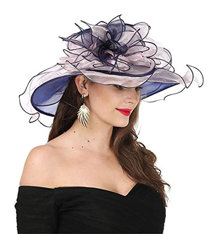 SAFERIN Women's Organza Church Fascinator Bridal Tea Party Wedding Hat - color: 2867-navy and Pink