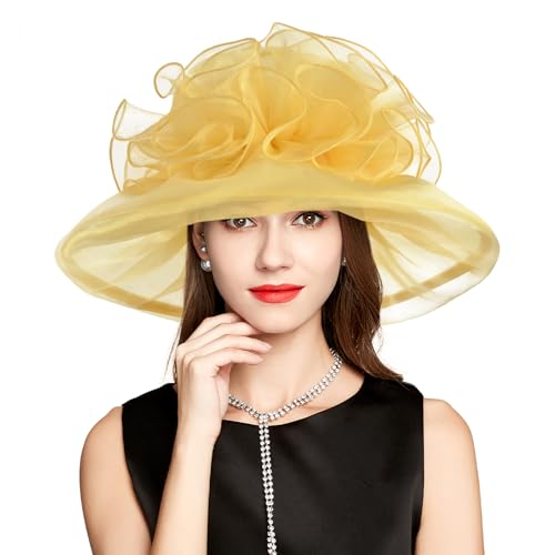 2026 Derby Hats for Women Ladies, Classy Organza Sun Hat, Church Tea Party Wedding Kentucky Fascinator Hat - color: A-4541-yellow