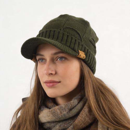 Winter Beanie with Visor - Stylish Knit Hat with Bill - Thick Brimmed Beanies with Fleece Lining Men and Women - color: B327-green