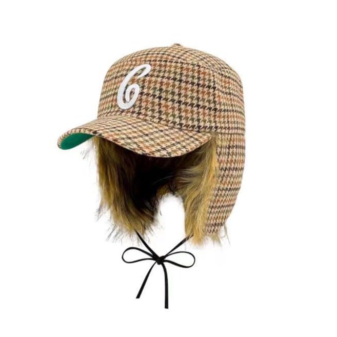 URAWOW Faux Fur Baseball Cap Women Winter Fall Grunge Aespa NINGNING Same Style Trapper Hat Plush Retro Fashion Ear Warmer - color: Houndstooth