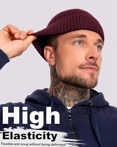 Short Wool Fisherman Beanie for Men Women Fleece Lined Winter Hat - color: 1pcs Wine Red