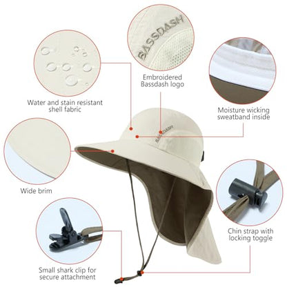 BASSDASH UPF 50+ Unisex Water Resistant Wide Brim Sun Hat with Large Neck Flap Ponytail Fishing Hat for Men Women - color: Ivory/Sand