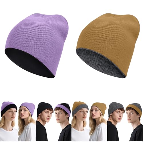 ZOORON Reversible Skull Caps for Men Women Reversible Beanie with -Double Side Warm Winter Fisherman Beanie - color: A-2pack-black/Lightpurple+grey/Khaki