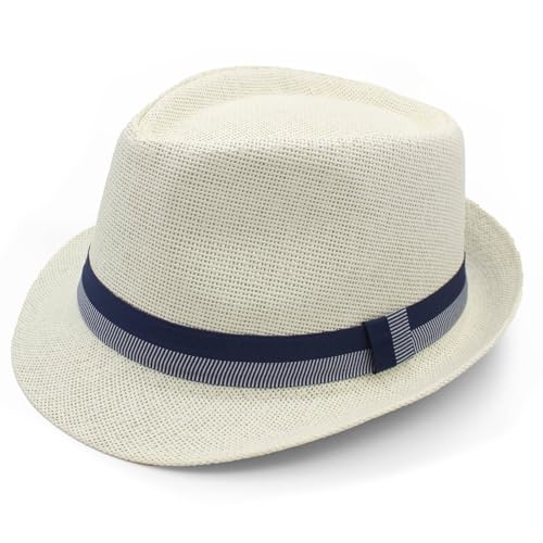 LIDHAY Short Brim Panama Hat Straw Fedora Hats for Men Women Summer Derby Trilby Hats Beach Sun Hat - color: White