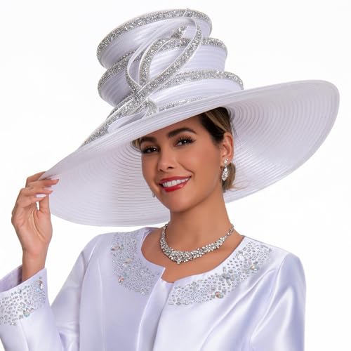 Women's Dramatic Giant Wide Brim Rhinestone Church Hat Statement Turban Fascinator for Wedding Chapel Baptist Sunday - color: 18-white