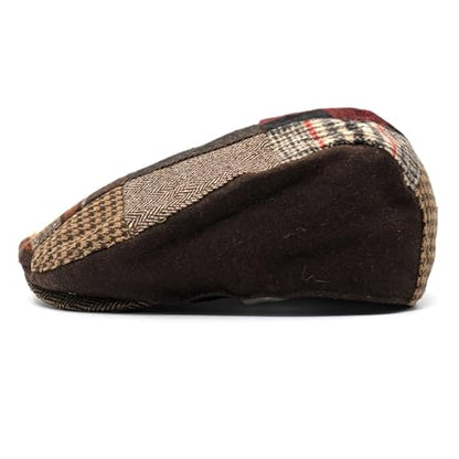 Men's Classic Patchwork Herringbone Checker Plaid Newsboy Ivy Hat Flat Cap - color: Red, size: Large-X-Large