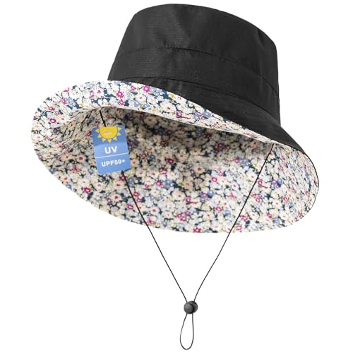 Lightweight Soft Women's Sun Hat, Floral Print UPF50+ UV Protection Bucket Hat, Foldable Portable, for Beach Vacation - color: Black