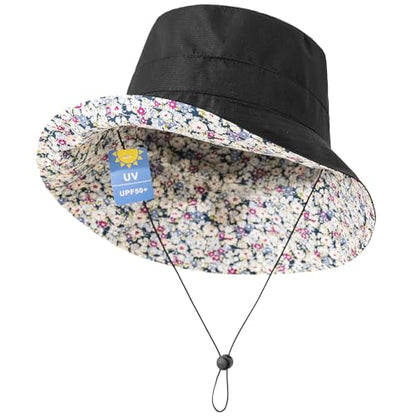 Lightweight Soft Women's Sun Hat, Floral Print UPF50+ UV Protection Bucket Hat, Foldable Portable, for Beach Vacation - color: Black