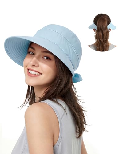 Century Star Sun Hat for Women Wide Brim Zip-Off Beach Hat Visor Ponytail UV Protection Summer Visors - color: Blue