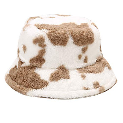 Umeepar Winter Faux Fur Fuzzy Bucket Hat Fluffy Warm Hat for Women Men - color: Cow Print Khaki