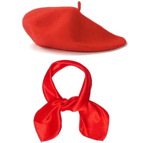 Classic French Beret and Silk Scarf Set, Red, Fashion Accessories, Traditional Style - color: Red