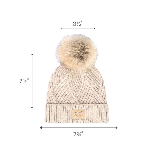 C.C Kids' Suede Patch Snuggly Soft Warm Knit Pom Cuff Beanie - color: Criss Cross Faux Fur, Beige Mix