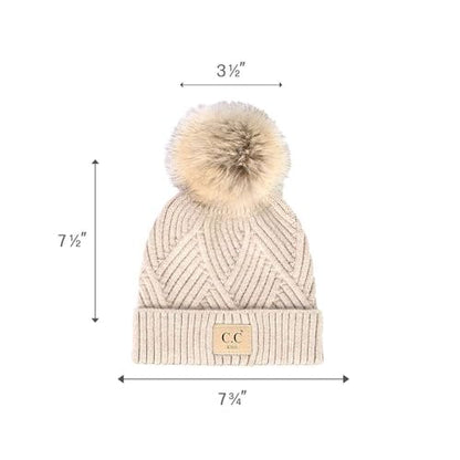 C.C Kids' Suede Patch Snuggly Soft Warm Knit Pom Cuff Beanie - color: Criss Cross Faux Fur, Beige Mix
