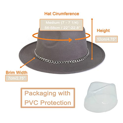 Women Men Wide Brim Fedoran Hat with Chain Belt Buckle - color: Light Grey