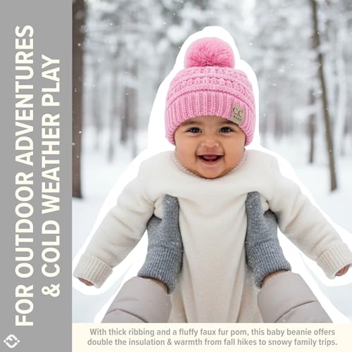 Funky Junque Baby Pom Pom Beanie – Soft Knit Infant Winter Hat for Baby Girls & Boys, Cozy Warm Newborn Beanie 0–12 Months - color: Pale Pink