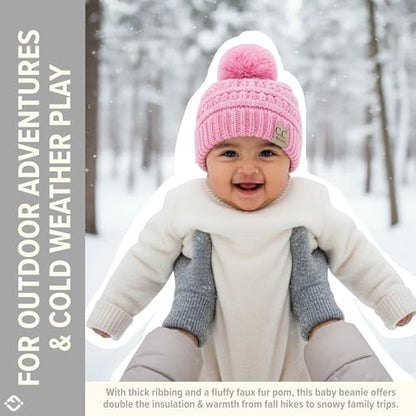 Funky Junque Baby Pom Pom Beanie – Soft Knit Infant Winter Hat for Baby Girls & Boys, Cozy Warm Newborn Beanie 0–12 Months - color: Pale Pink