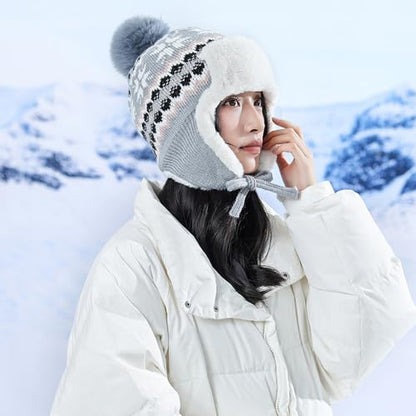 Women Winter Beanie Hat Thick Fleece Lined Warm Earflap Trapper Hat Pom Pom Jacquard Knited Outdoor Ski Snow Cap - color: Style 2-gray