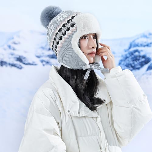Women Winter Beanie Hat Thick Fleece Lined Warm Earflap Trapper Hat Pom Pom Jacquard Knited Outdoor Ski Snow Cap - color: Style 2-gray