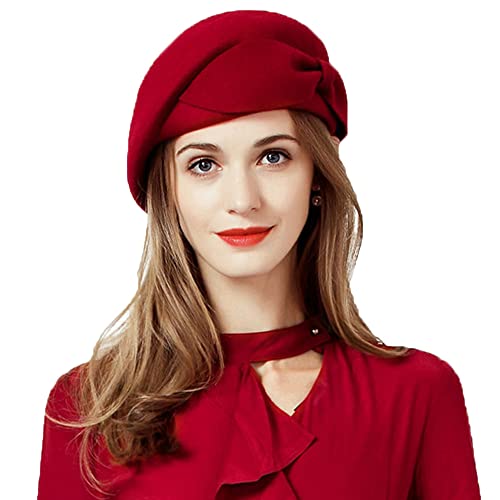 Wedding Hats for Women Vintage Wool Felt Berets Ladies Pearl Fascinator Autumn Winter Cap Bow Church Fedoras - color: Red