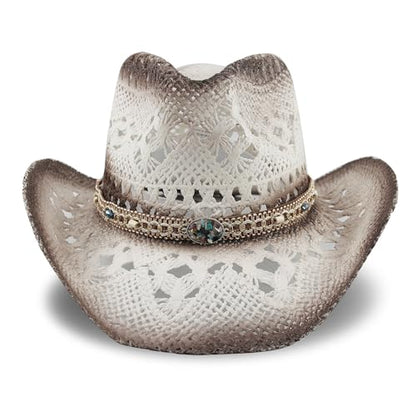 Foeran Men's Women's Straw Cowboy Hat Cowgirl Woven Sun Hat Western Cowboy Hat Two Decorative Bands - color: White-gravel