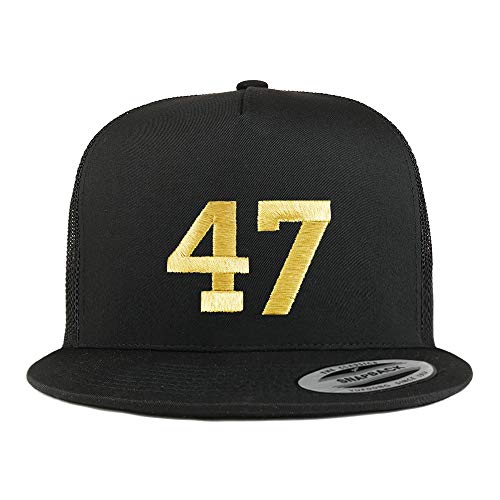 Trendy Apparel Shop Number 47 Gold Thread Embroidered Flat Bill 5 Panel Trucker Cap - color: Black