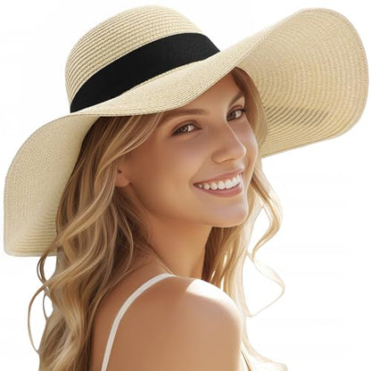 Tavaleu Sun Beach Hats for Women Wide Brim Straw Hats Foldable Summer Hat - color: 14cm-light Color