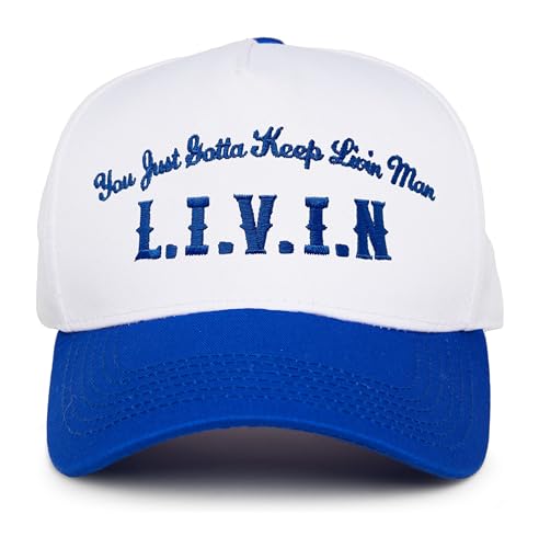 Funky Junque Adult Trucker Snapback Hat 2-Tone Baseball Cap - color: L.i.v.i.n - White/Royal Blue