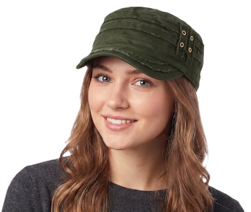 D&Y Unisex 100% Cotton Military Cadet Hat - Distressed Frayed Flat Top Cap - Adjustable Everyday Patrol Hat - color: Olive