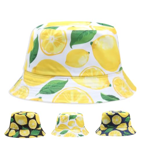 Funny Bucket Hat Foldable Festival Hats Wide Brim Hat Unisex Reversible Fisherman Hats Fruit Patterns - color: Lemon-white