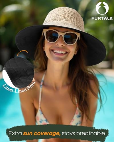 FURTALK Womens Hand-Woven Straw Sun Hat UPF 50+ Packable Summer Wide Brim Beach Linen Lining Bucket Hat with Chin Strap - color: Beige