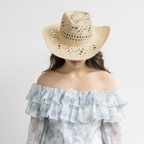Lifup Straw Cowboy Sun Hats for Women, Western Cowgirl Hats - color: Beige