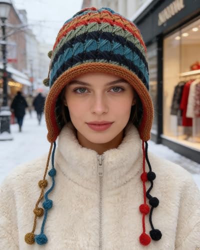 MINGSEECESS Women Girls Knitted Beanie Hat Crochet Braided Knit Warmer Cap Skiing Snowboarding Ear Flap Hats - color: Blue-red