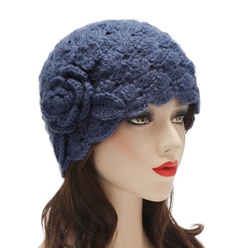 ZLYC Women Winter Crochet Knit Floral Beanie Hat - color: Rose Blue, size: One Size
