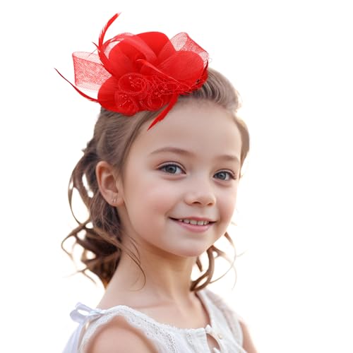Zinniday Tea Party Hat Fascinators - Red Mini Top Derby Fascinator Small Kentucky Hats with Clip, 20s 50s Church Tea Party Hair Accessories with Flower and Feather for Women Ladies Girls - color: Red