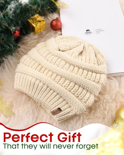 FURTALK Winter Beanie Hat for Women Satin Lined Cable Knit Chunky Slouchy Beanies Skull Warm Cap - color: Beige