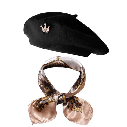 choyaxo 3pcs French Beret Hat Set Costume Accessories Set Including Beret Hat Scarf Crown Pin for Women French Themed Party - style: Regular Style