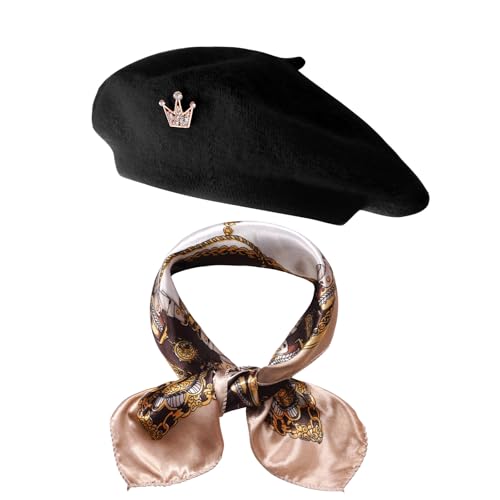 choyaxo 3pcs French Beret Hat Set Costume Accessories Set Including Beret Hat Scarf Crown Pin for Women French Themed Party - style: Regular Style
