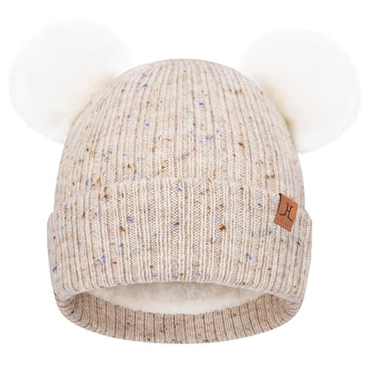 FZ FANTASTIC ZONE Toddler Kids Winter Hat Beanie Pompom Warm Fleece Baby Hats 0-6 12 Months 1 2 3 4 Year Old Girls Boys Gifts - color: Beige