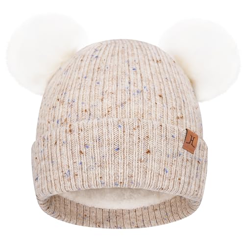 FZ FANTASTIC ZONE Toddler Kids Winter Hat Beanie Pompom Warm Fleece Baby Hats 0-6 12 Months 1 2 3 4 Year Old Girls Boys Gifts - color: Beige