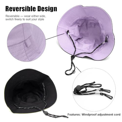 XXL Oversized Reversible Bucket Hat Beach Fisherman Sun Cap with Chin Strap for Women Men - color: Light Purple Black