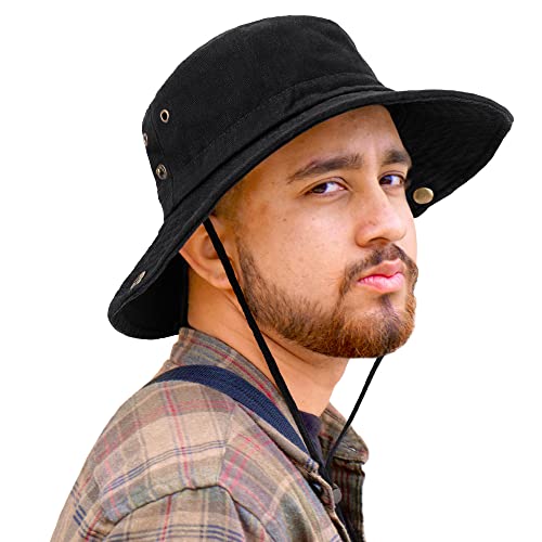 Unisex Cotton Boonie Hat Summer Fishing Bucket Hat Sun Hat with String - color: Solid Black