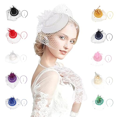 Fascinator Pillbox Hat for Women, Feather Flower Pearls Hair Headwear Veil - color: White