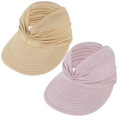 American Trends Wide Brim Visor for Women Lightweight Packable Ponytail Hat - color: Z Pink & Beige