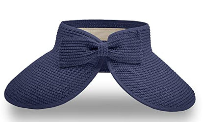 Straw Sun Visor for Women, Wide Brim UPF 50+ Protection Beach Hat, Adjustable, Roll Up Foldable Ponytail Cap with Chin Strap - color: Navy