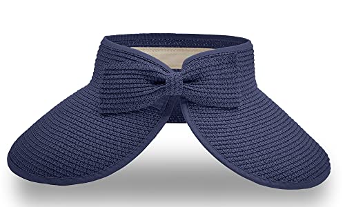 Straw Sun Visor for Women, Wide Brim UPF 50+ Protection Beach Hat, Adjustable, Roll Up Foldable Ponytail Cap with Chin Strap - color: Navy