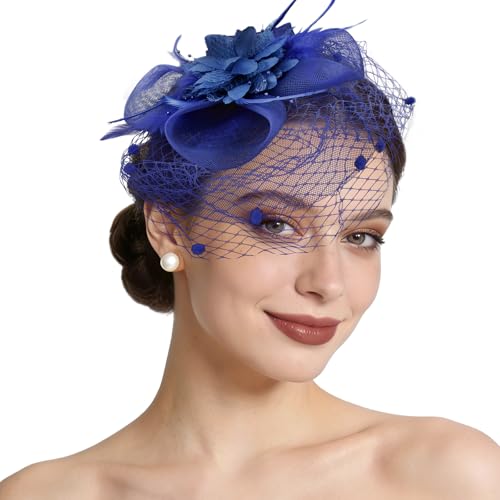 Semato Fascinators Hats for Women Mesh Feathers Elegant Royal Blue Tea Party Kentucky Hat Derby Headband with Hair Clip - color: Royal Blue