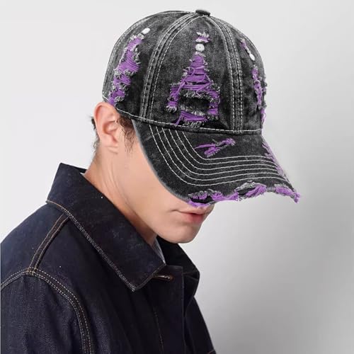 Distressed Washed Denim Baseball Cap Vintage Ripped Strapback Sun Hat for Men Women - color: Purple
