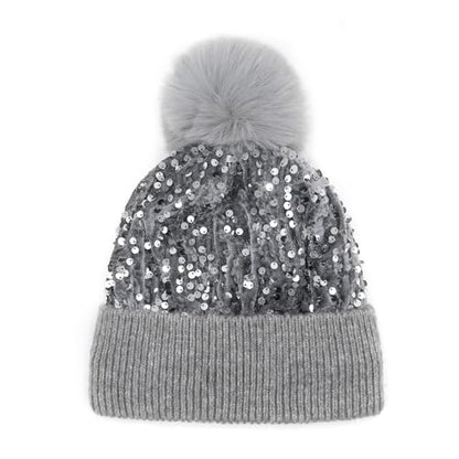 Women Sparkly Sequins Knitted Beanie Hat Warm Winter Skull Cap with Faux Fur Pom Pom - color: X Grey With Knit Cuffs